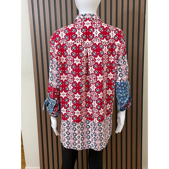 John Mark Women's M Red Button Up Rayon Tunic Shirt Floral Tie Sleeve Bohemian - Picture 2 of 9